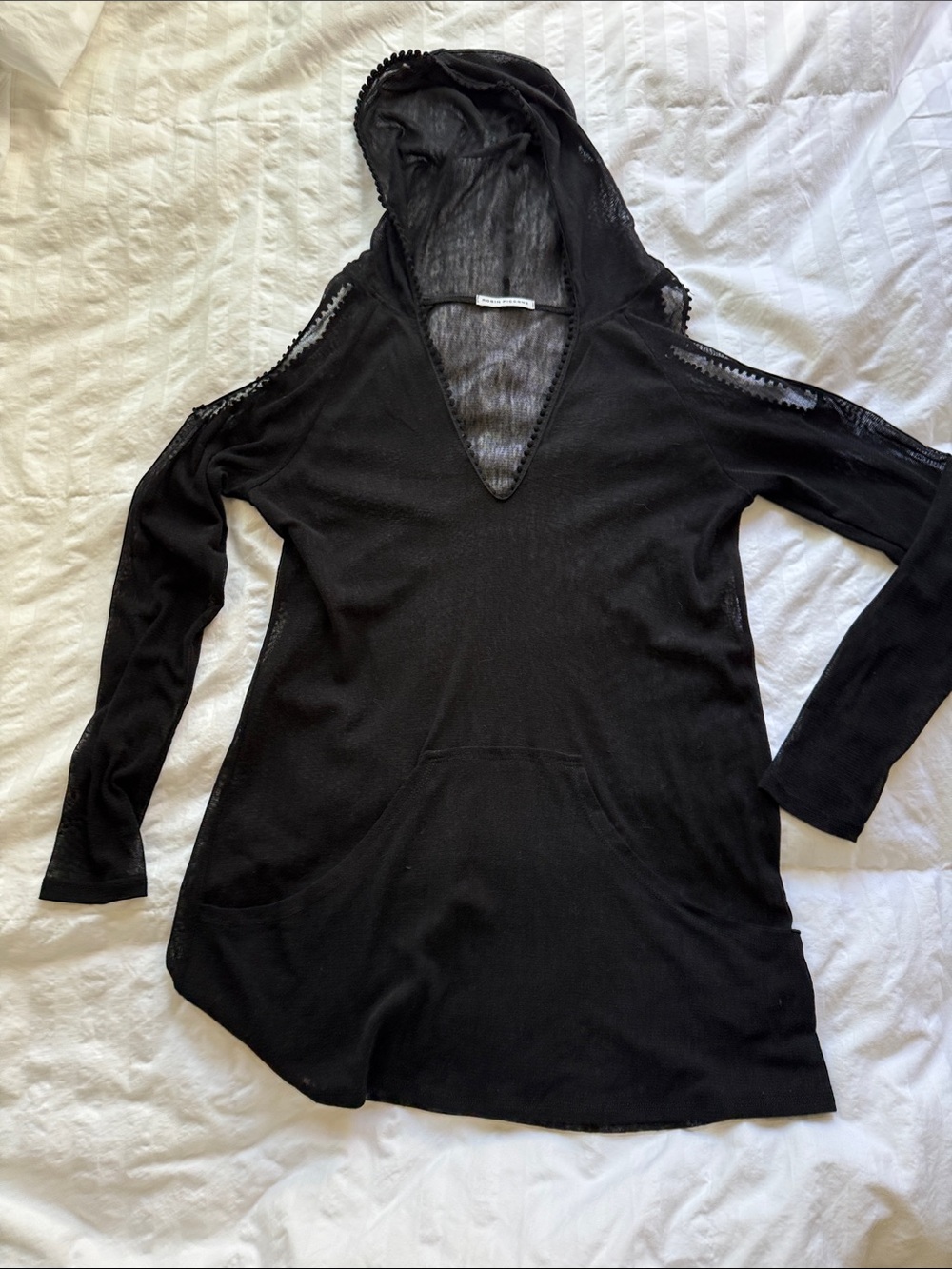 Robin Piccone Black Hooded V-Neck Beach Coverup Tunic with Cutout Trim